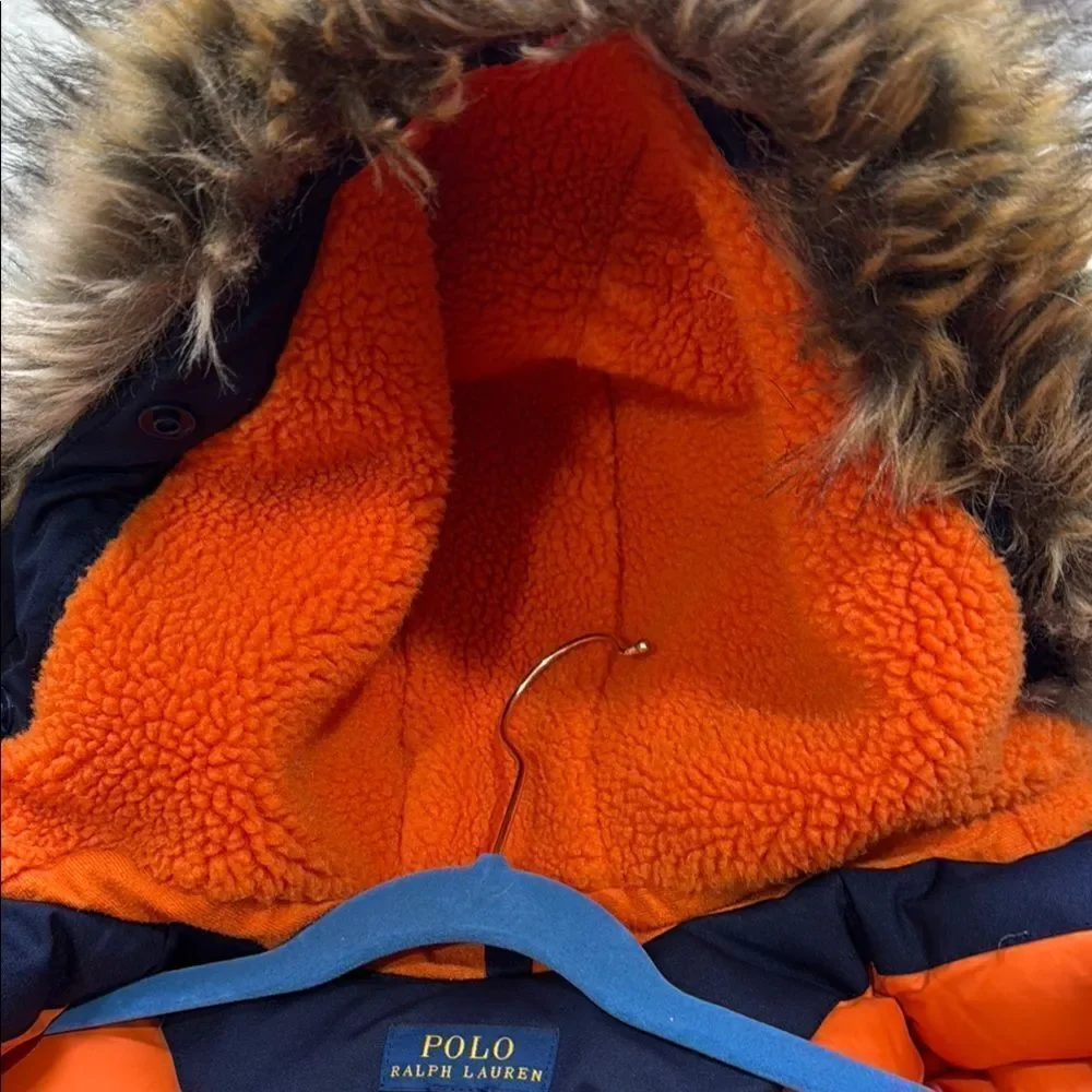 Polo by Ralph Lauren Blue and Orange Puffer Jacket with Faux Fur Hood